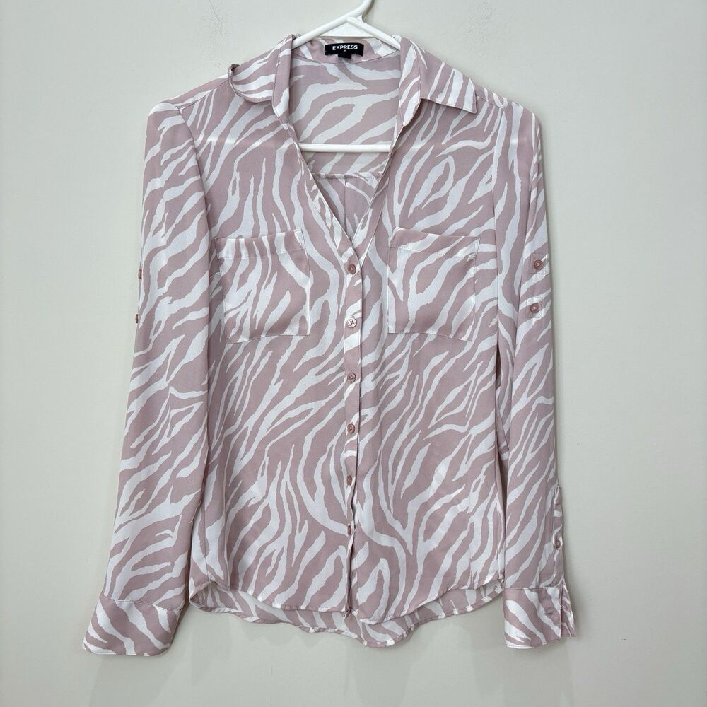 Express Portofino Shirt Women XXS Pink Zebra Print Lightweight Career Airy Chic